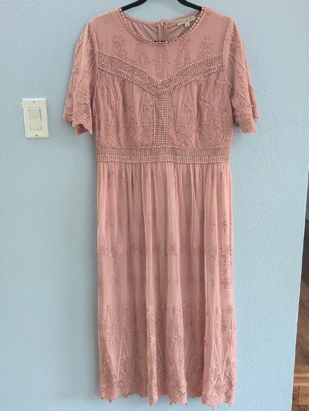 Polagram Blush Pink Lace Fairy Embroidered Midi Dress
